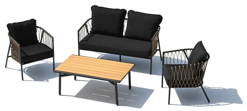 Sitzende Gartencouch, Stühle, kleiner Tisch