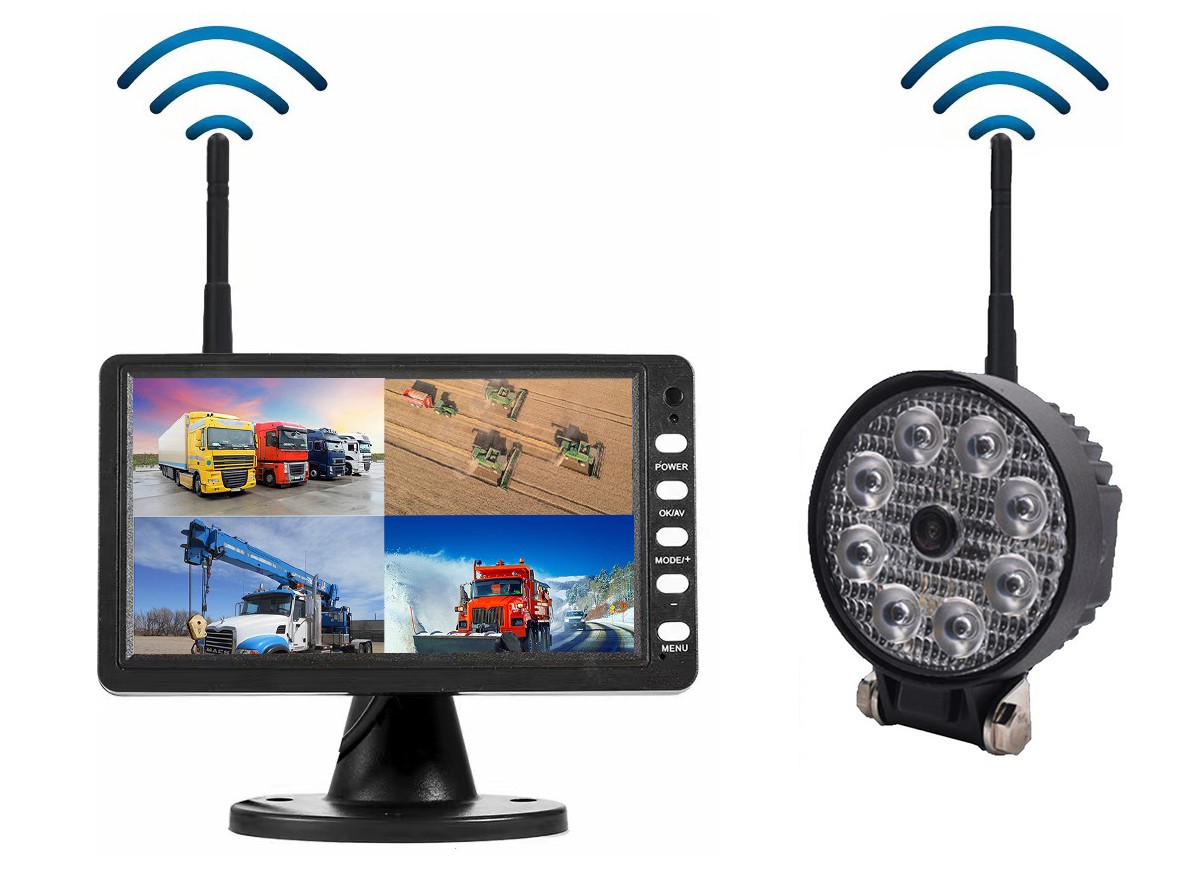 Arbeits-SET – 7-Zoll-WIFI-TFT-LED-Monitor + WiFI-Rückfahrkamera 120° 720P AHD mit 8 LED-Lichtern IP68