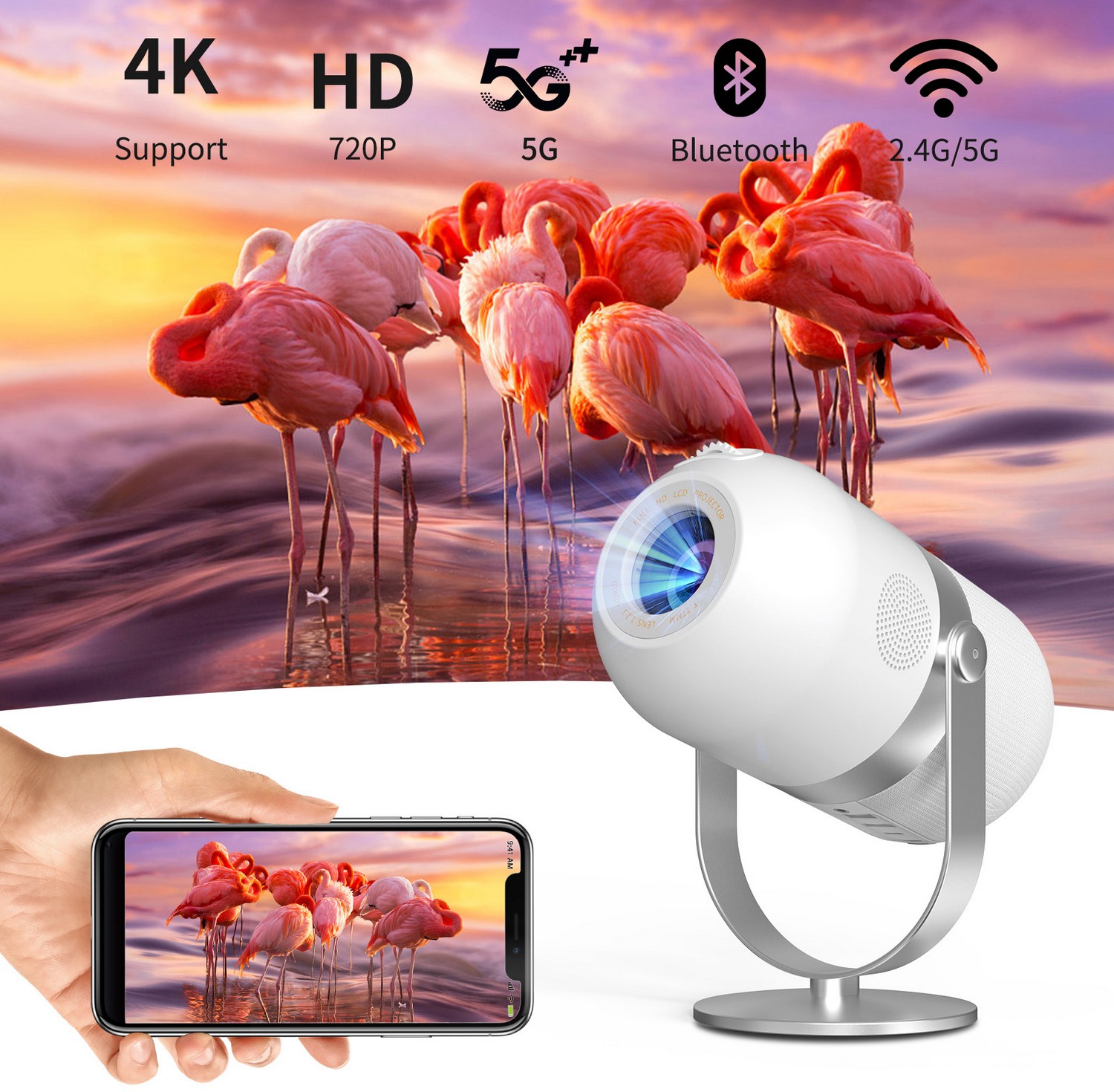 Tragbarer Mini-WIFI-Projektor 4k HD 720P Android 9.0